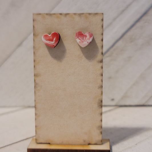 Pink and White Mini Wood Heart Stud Earrings