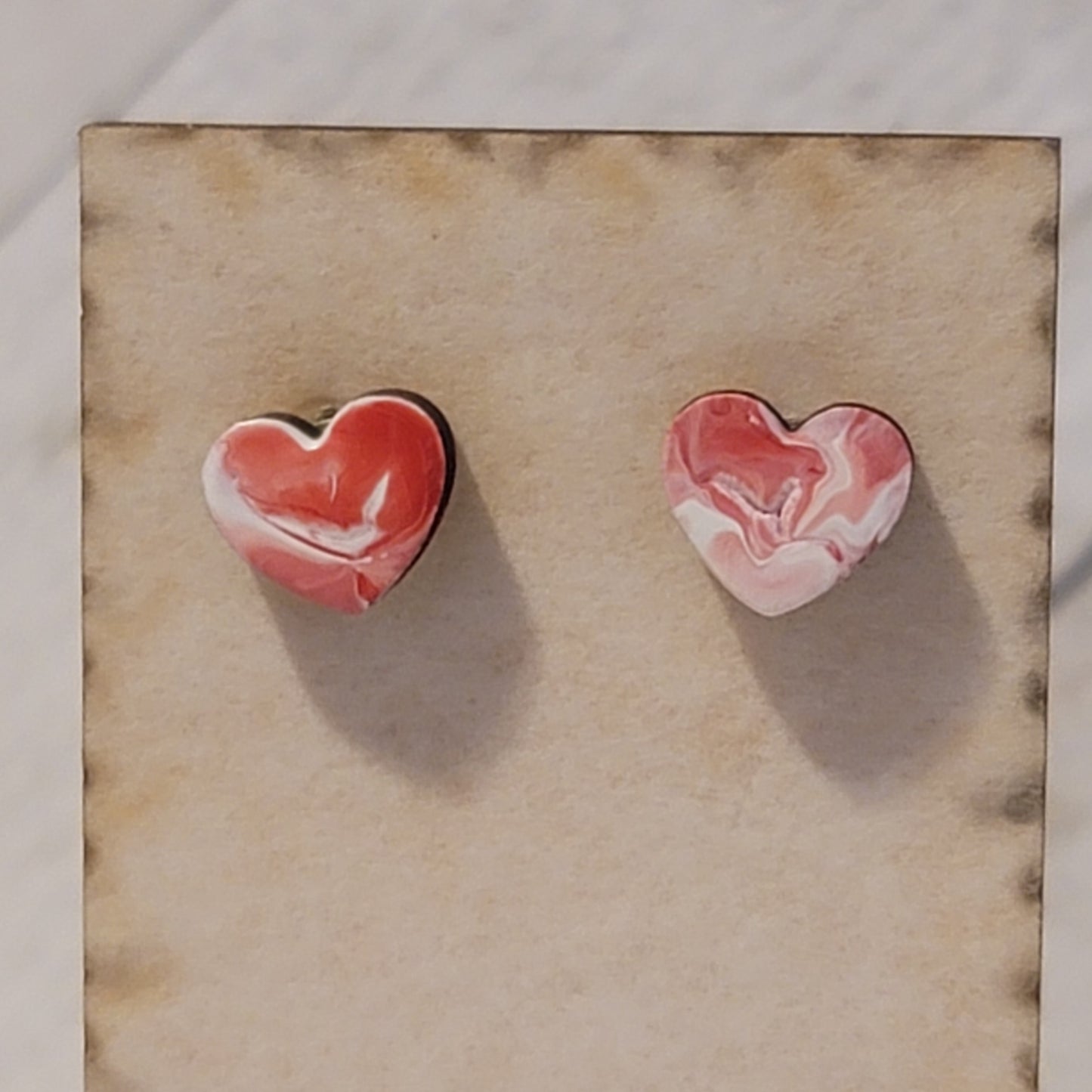 Pink and White Mini Wood Heart Stud Earrings