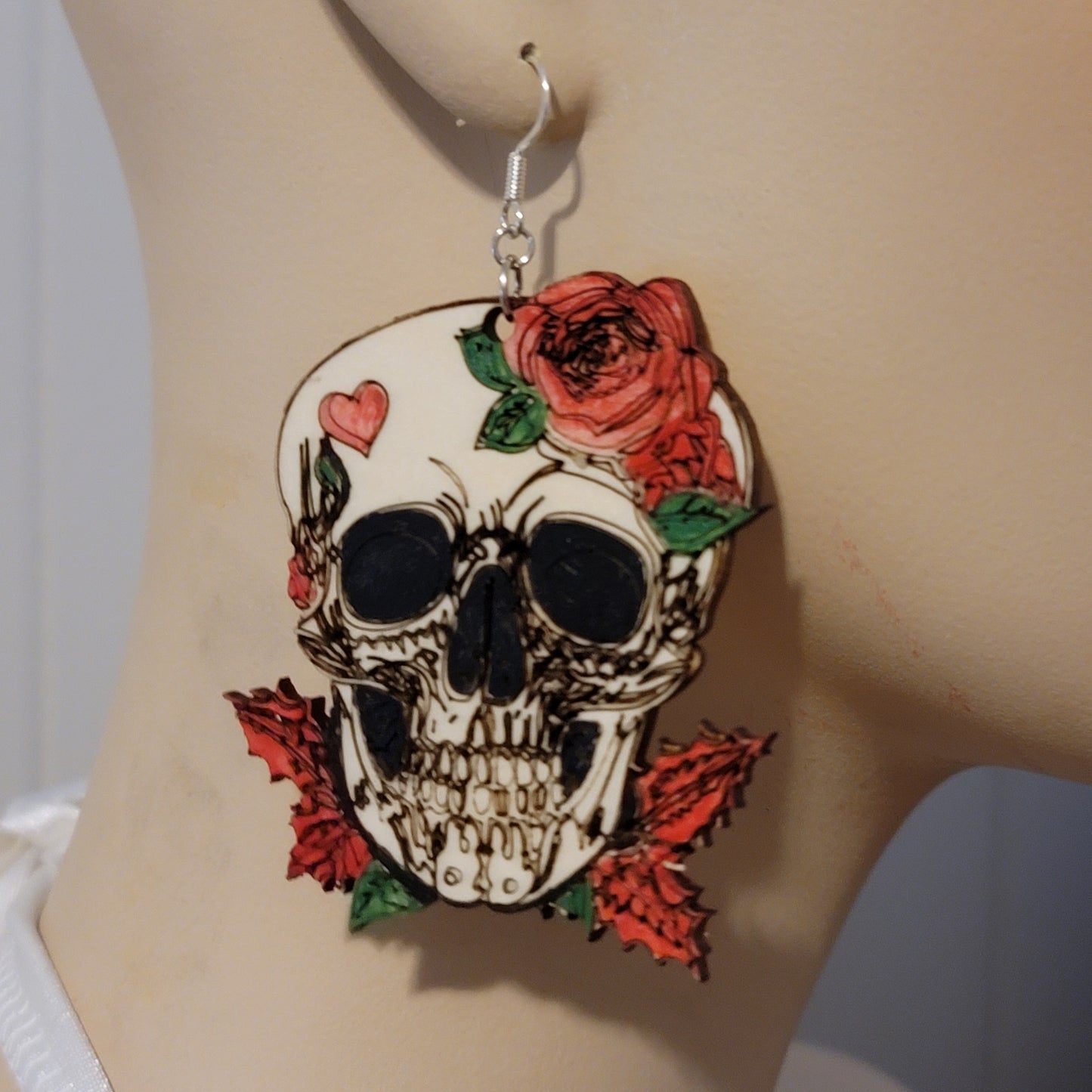 Large Skull With a Rose and Heart Earrings