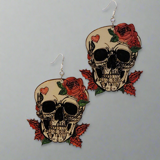 Large Skull With a Rose and Heart Earrings