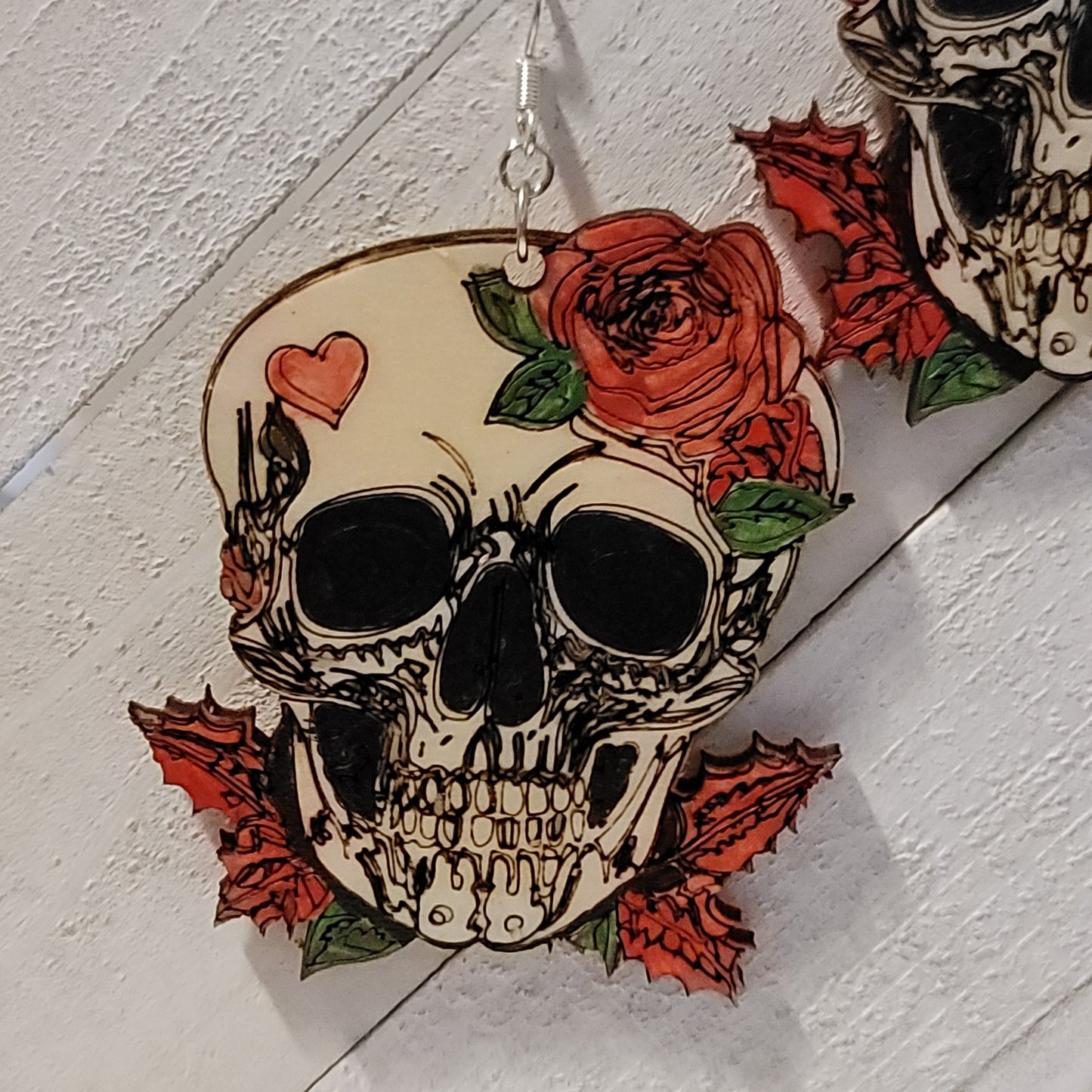 Large Skull With a Rose and Heart Earrings