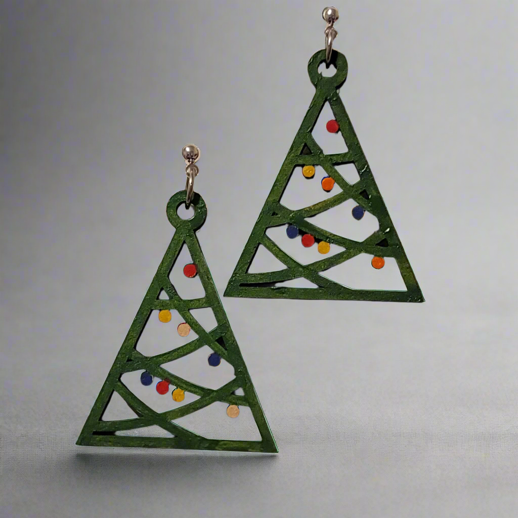 Hand Painted Triangle Christmas Tree Earrings