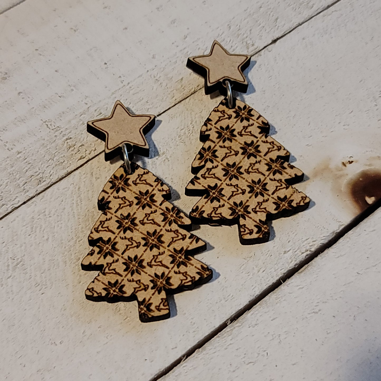 Handmade Christmas Tree Reindeer Pattern Dangle Earrings