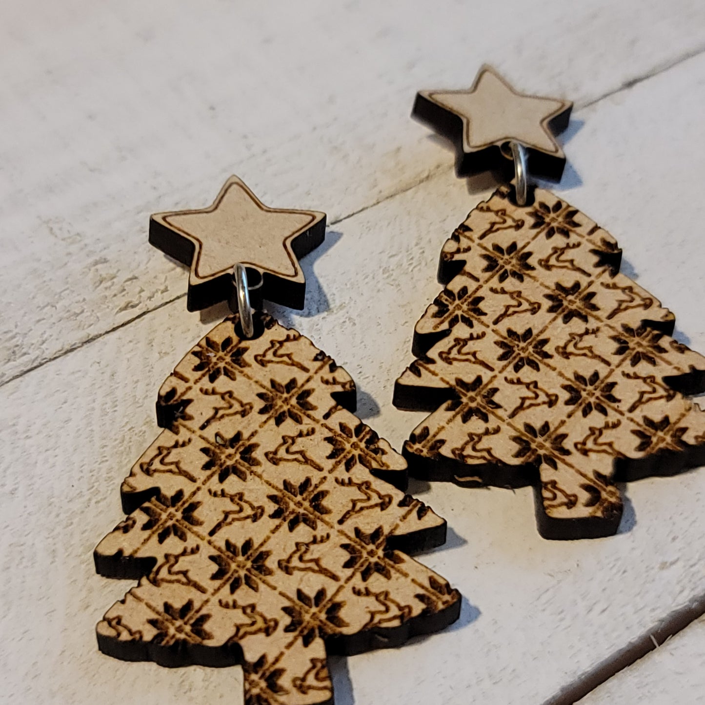 Handmade Christmas Tree Reindeer Pattern Dangle Earrings